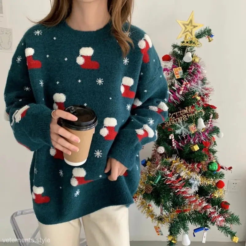 Peacock Green Christmas Festival Pullover with Christmas Stocking Sweater Design