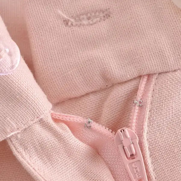 Pink linen blend short dress with zipper, matching pink pants and short blazer high