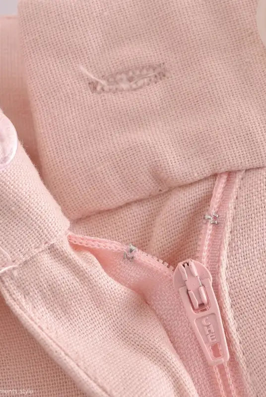 Pink linen blend short dress with zipper, matching pink pants and short blazer high