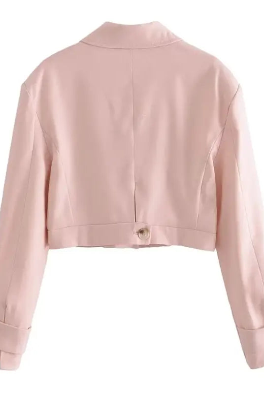 Pale pink cropped blazer high with long sleeves and button cuffs for pink pants look