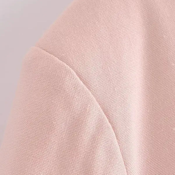 Pale pink linen blend short fabric with visible shoulder seam for Pink Pants and Top Blazer High