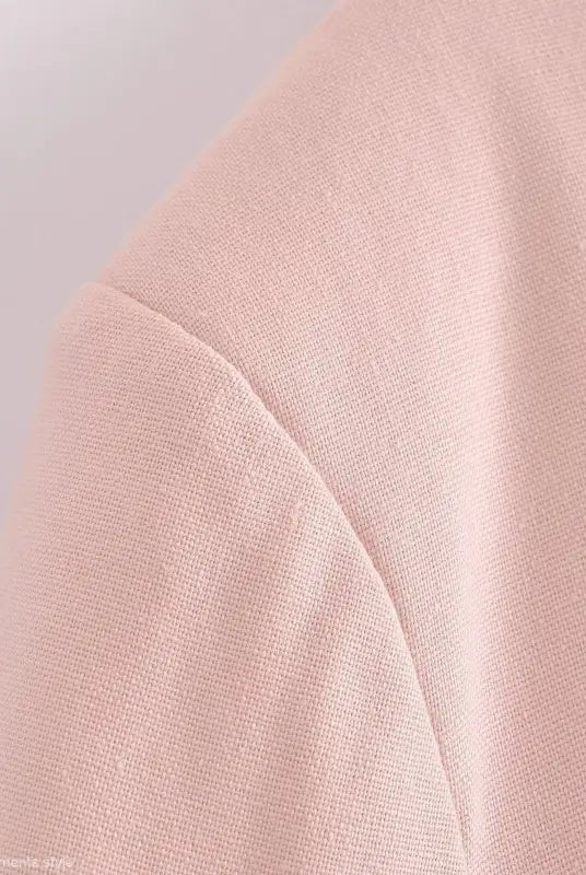 Pale pink linen blend short fabric with visible shoulder seam for Pink Pants and Top Blazer High