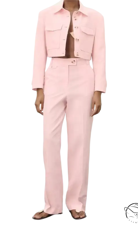 Pink pants and short blazer high with a pink two-piece outfit featuring a linen blend short