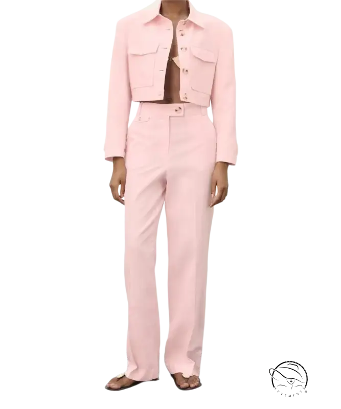 Pink pants and short blazer high in linen blend cropped outfit