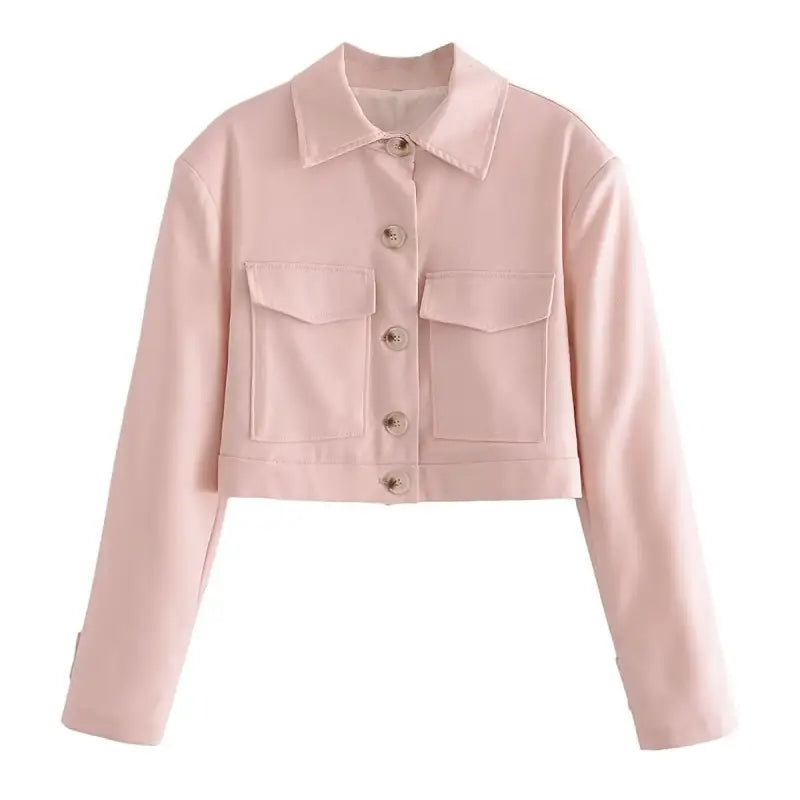 Pink cropped jacket with pockets from Pink Pants and Top Blazer High made of linen blend short fabric