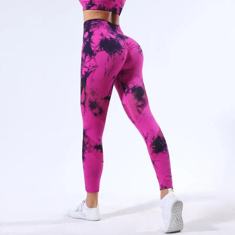 Pink and black tie-dye Pitaya Color sport leggings with waist hip lift for active wear
