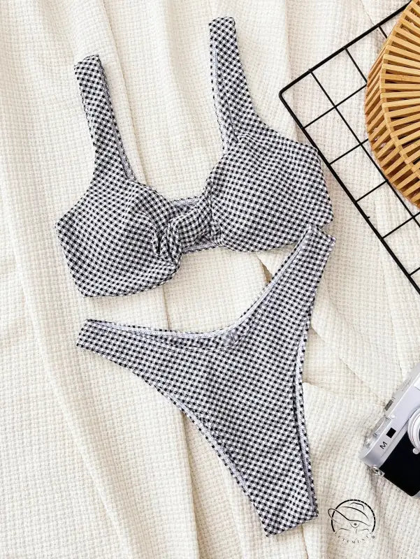 Plaid printed sexy bikini with gingham tie-front top and high-cut bottoms