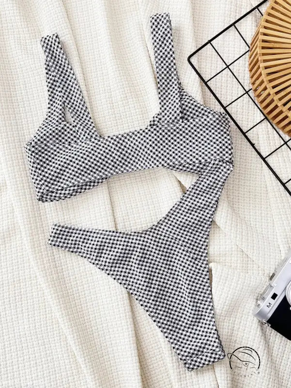 Plaid printed sexy langry checkered black and white bikini set