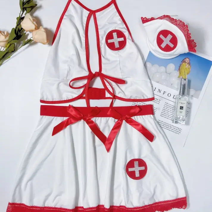 Sexy nurse lingerie with white fabric, red trim, medical cross emblems, cutout nurses uniform
