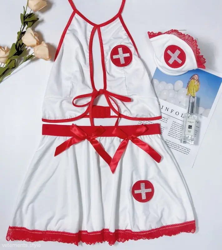 Sexy nurse lingerie with white fabric, red trim, medical cross emblems, cutout nurses uniform
