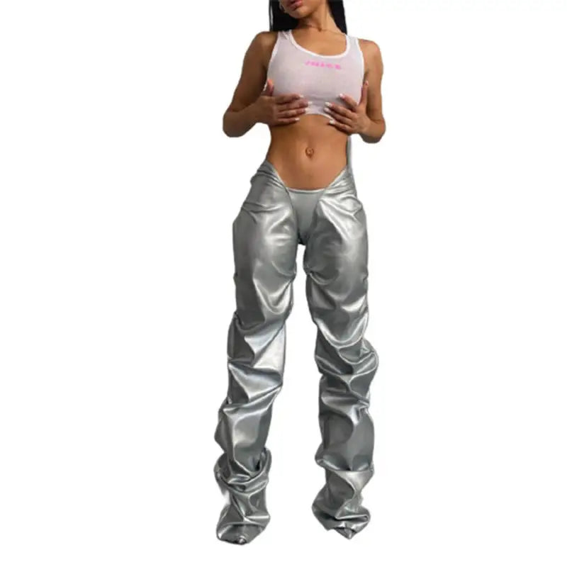 Silver metallic wide-leg polyester straight pants with a white crop top, stylish and seasonless