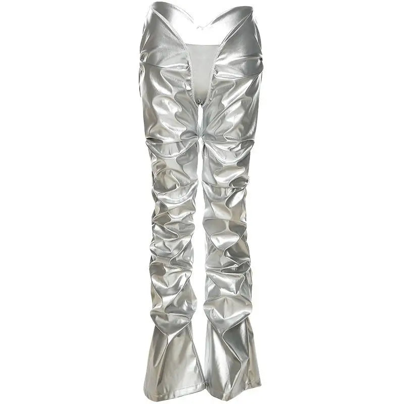 Shiny silver metallic polyester straight pants with flared bottom and wrinkled texture