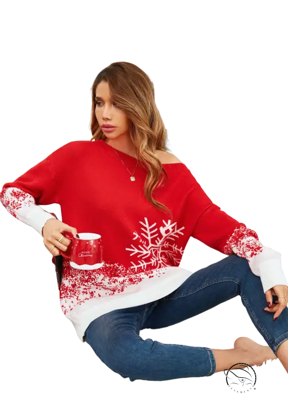 Popular small snowflake Christmas sweater with red off-shoulder design and embroidered cuffs