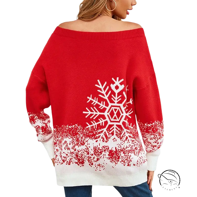 Red and white off-the-shoulder popular small snowflake Christmas sweater