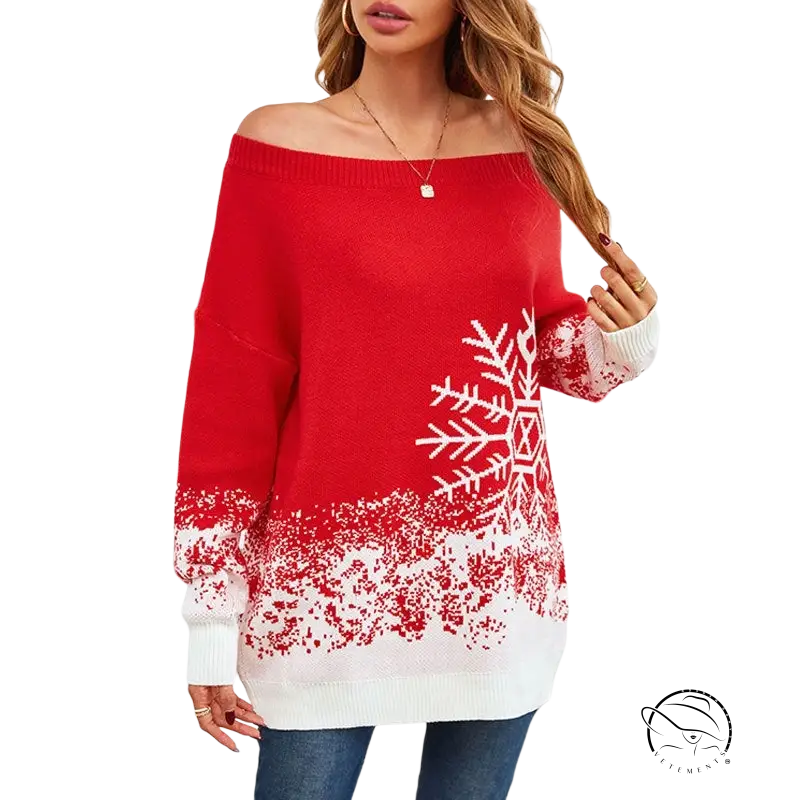 Red and white off-the-shoulder popular small snowflake Christmas sweater with fading snowflake design