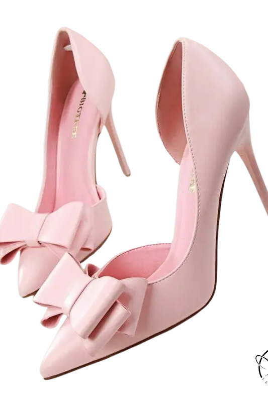Pink patent leather elegant sweet high-heeled pumps with bow toe