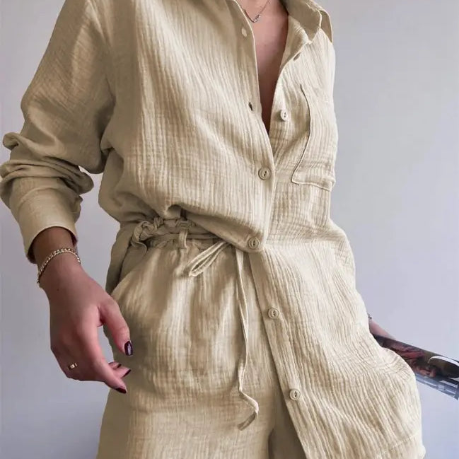Beige linen shirt and shorts set, Pure Cotton Belted Top for casual summer style