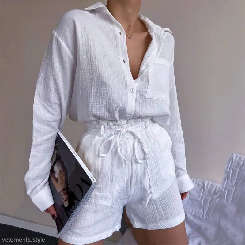 White Cotton Two-Piece Set for Casual Summer Style, ideal as a Pure Cotton Summer outfit