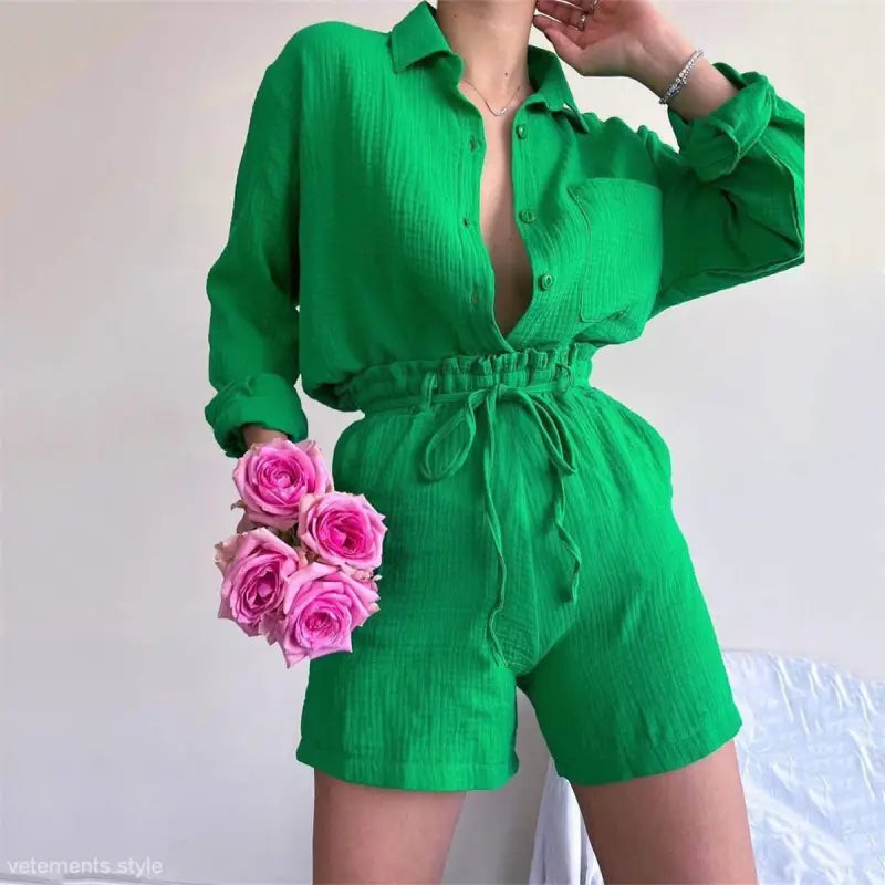 Green two-piece shorts set showcasing Pure Cotton Belted Top for casual summer style