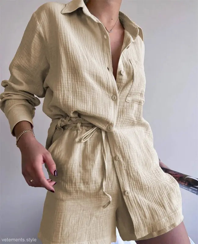 Beige linen shirt and shorts set in Pure Cotton Belted Top for Casual Summer Style