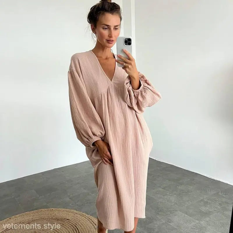 Pale pink flowy dress with long balloon sleeves and V-neckline from Pure Cotton Confinement Pajamas