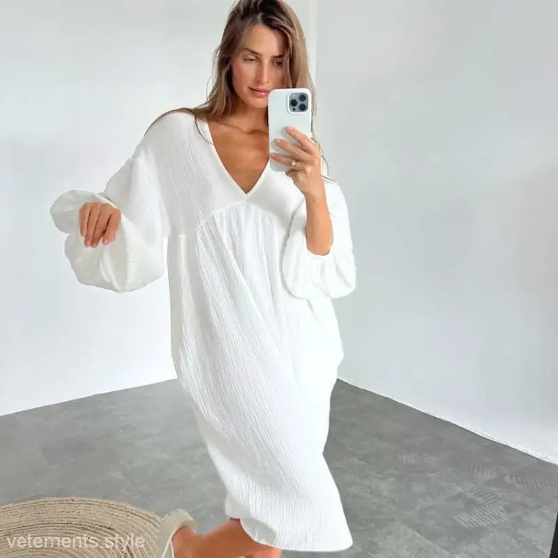 Flowy white V-neck dress with voluminous sleeves from Pure Cotton Confinement Pajamas collection