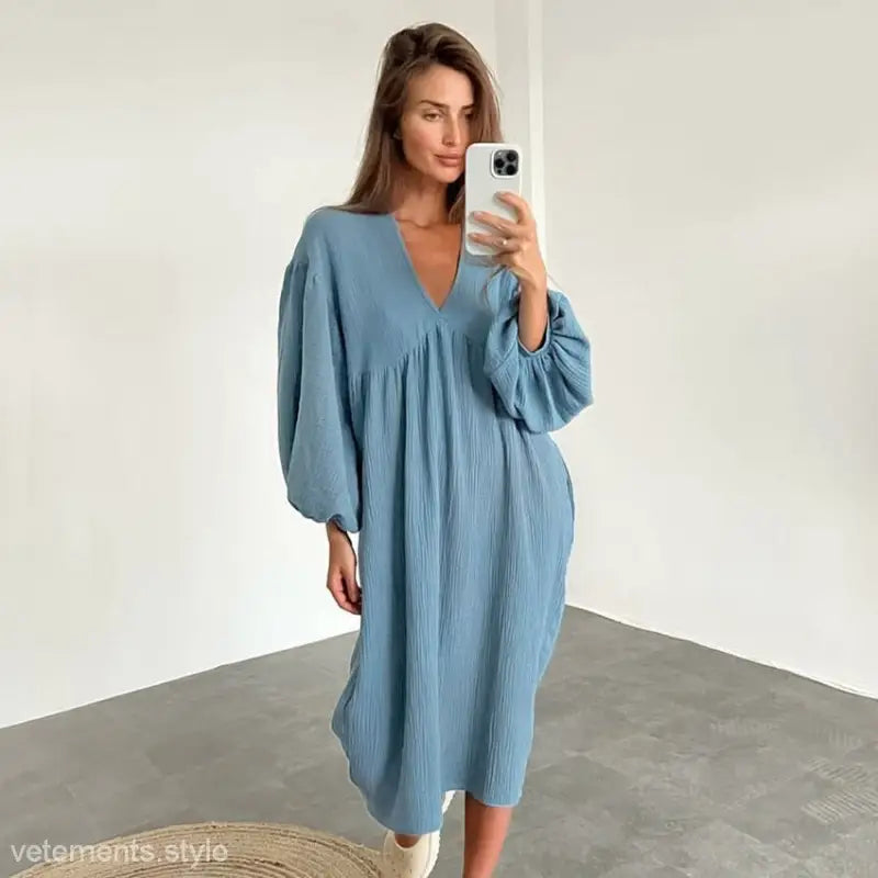 Light blue loose-fitting midi dress with balloon sleeves, ideal as pure cotton confinement pajamas