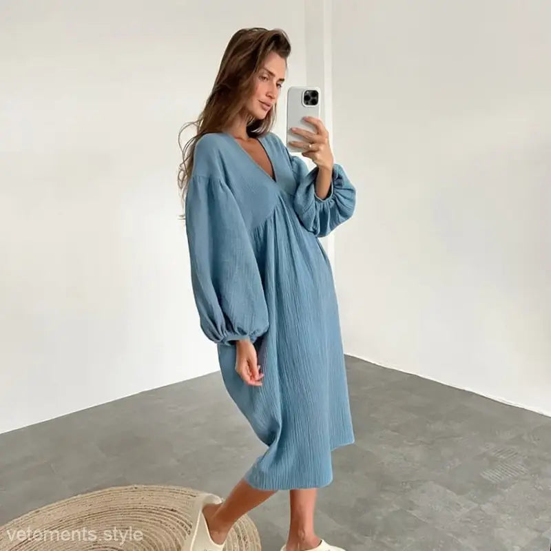 Light blue midi dress with billowy sleeves and V-neckline, perfect for pure cotton confinement pajamas