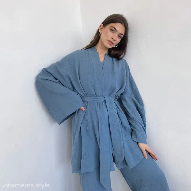 Blue kimono-style robe with wide sleeves and tie belt, part of pure cotton pajamas collection