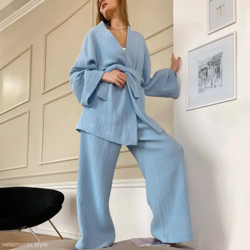 Light blue pure cotton pajamas set with wrap top, flowing pants, and belt details