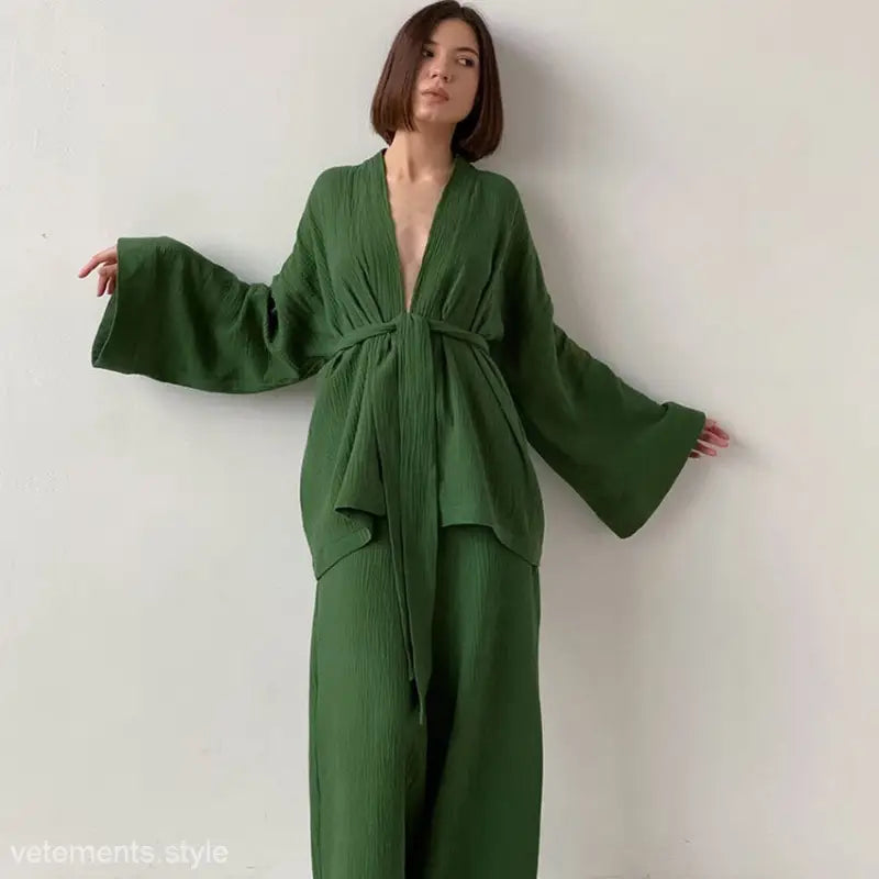 Green kimono-style robe with wide sleeves, deep V-neck, part of pure cotton pajamas collection