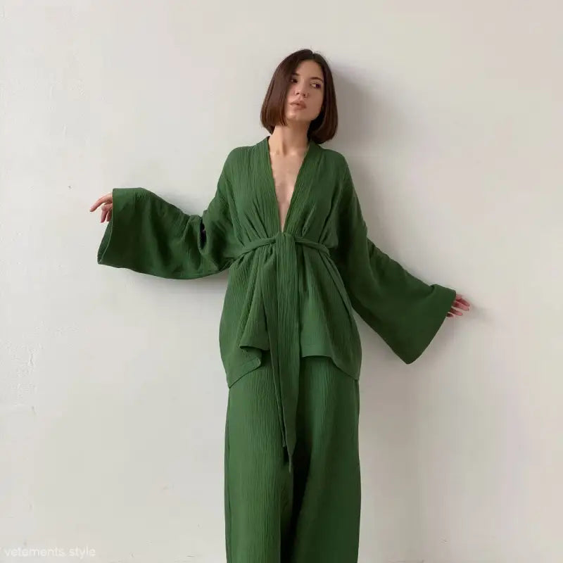Green kimono-style robe in pure cotton pajamas with wide sleeves and deep V-neckline