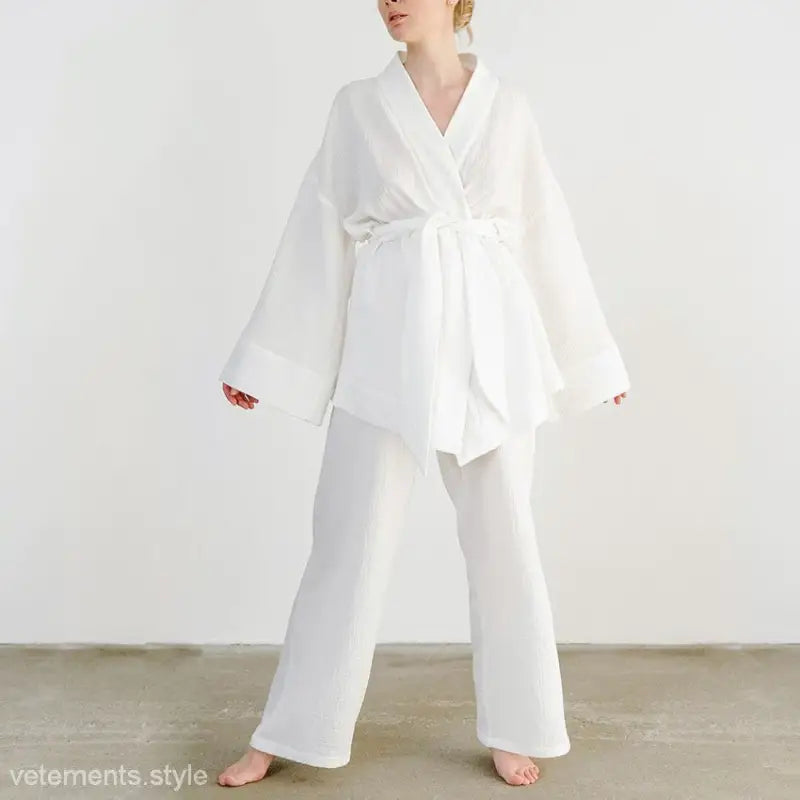 White kimono-style robe with matching wide-leg pants in pure cotton pajamas set