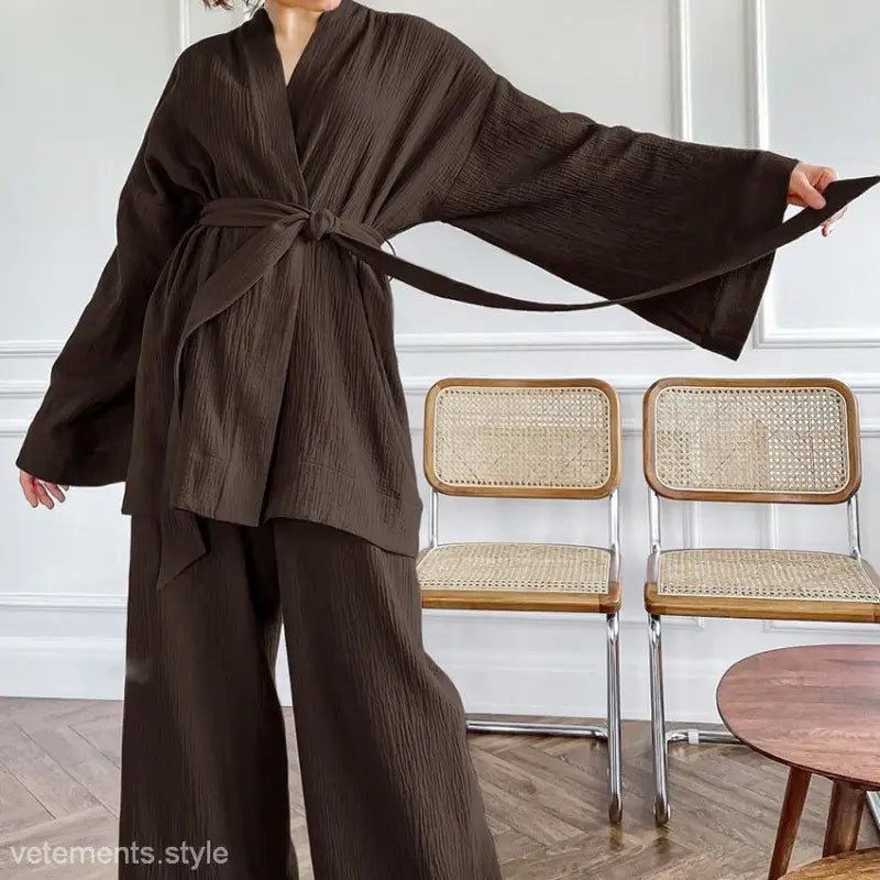 Dark brown kimono-style wrap top and wide-leg pants from pure cotton pajamas set
