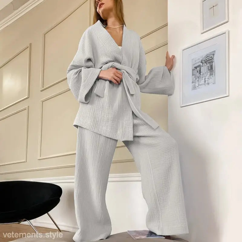 Light gray Pure Cotton Pajamas set with belted wrap top and wide-leg pants