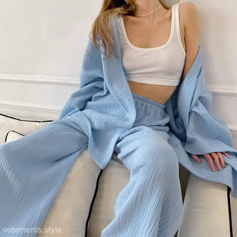Pale blue pure cotton pajamas with belted sleeves and white crop top, ideal for comfortable lounging