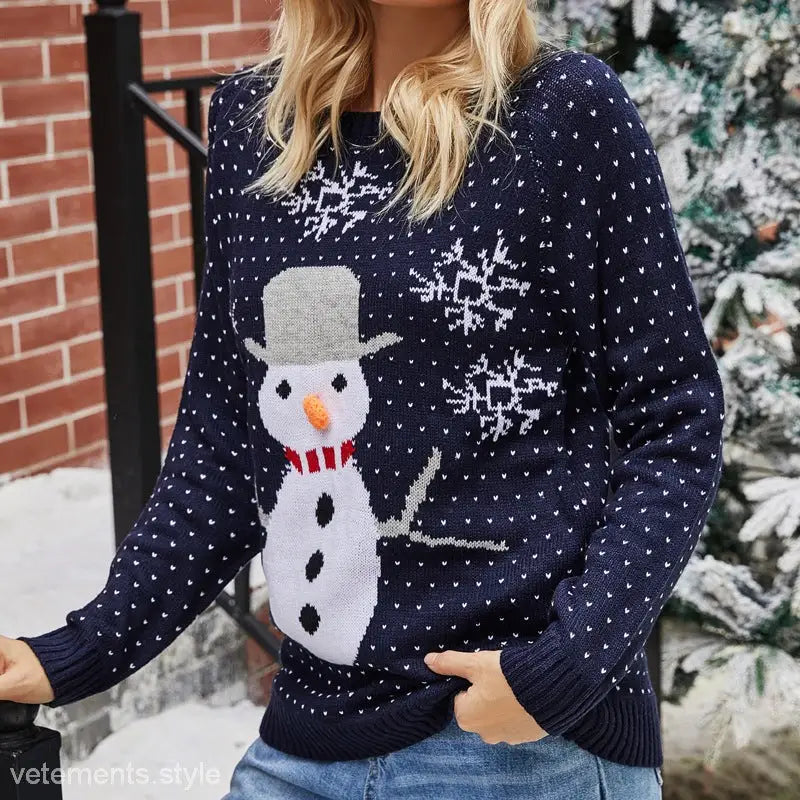 Navy blue Christmas sweater with snowman jacquard round pattern, Purplish Blue top