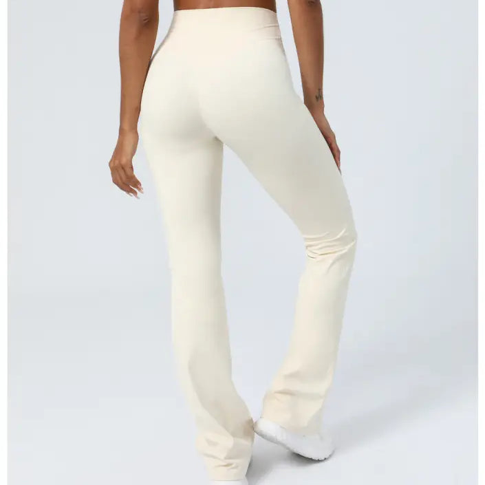 Cream-colored high-waisted flared yoga pants, ideal as casual flared yoga pants