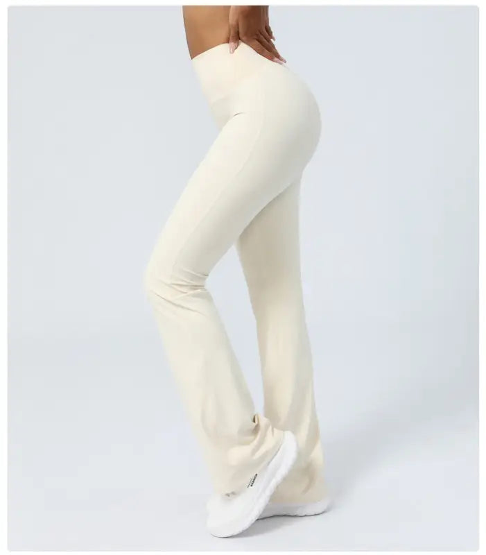 Cream-colored casual flared yoga pants from the Purplish Blue Flared Yoga Pants collection