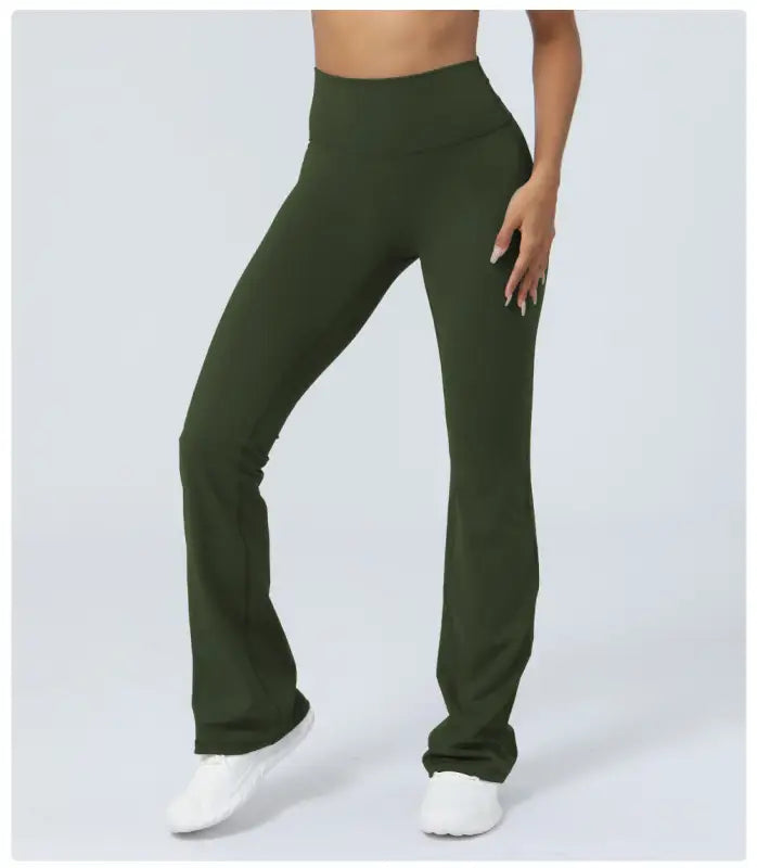 Olive green casual flared yoga pants for comfortable workout and leisure wear