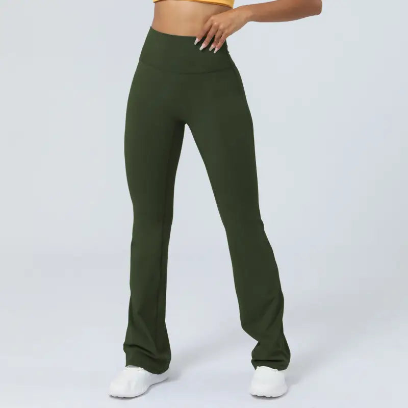 Olive green casual flared yoga pants styled as purplish blue flared yoga pants