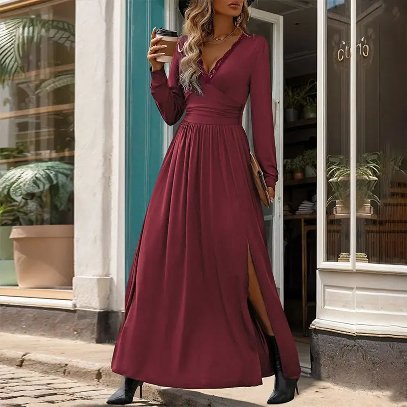 Purplish blue sexy split slim fit maxi dress with long sleeves for elegant occasions