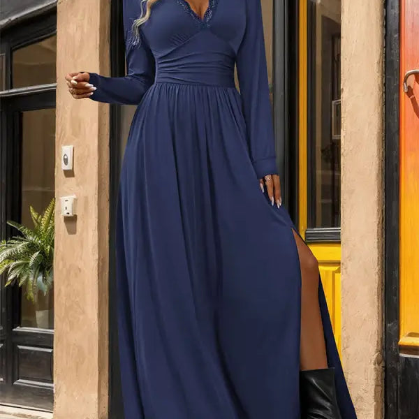 Purplish blue long-sleeved maxi dress with sexy split slim fit design