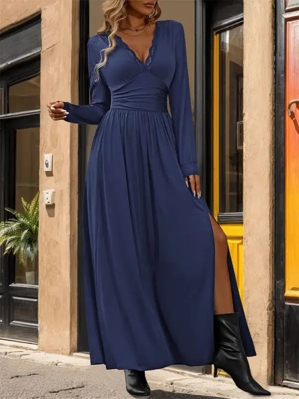 Purplish blue long-sleeved maxi dress with sexy split slim fit design