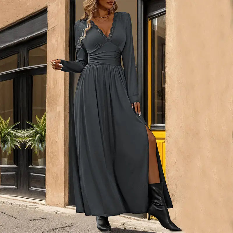 Purplish blue split slim fit maxi dress with long sleeves and thigh-high slit