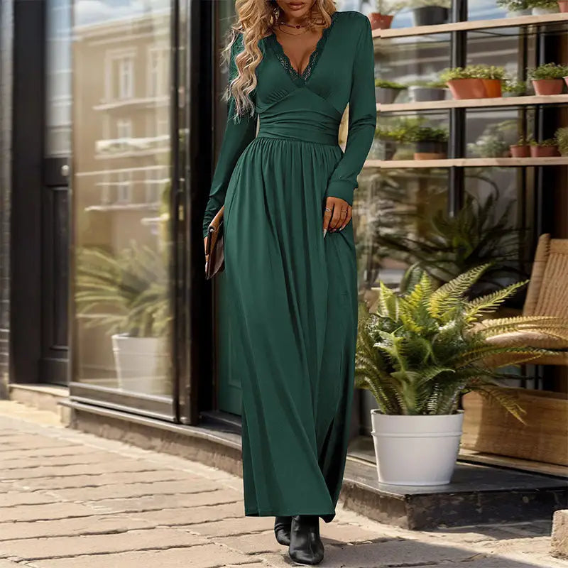 Long-sleeved purplish blue split slim fit maxi dress for elegant evening wear