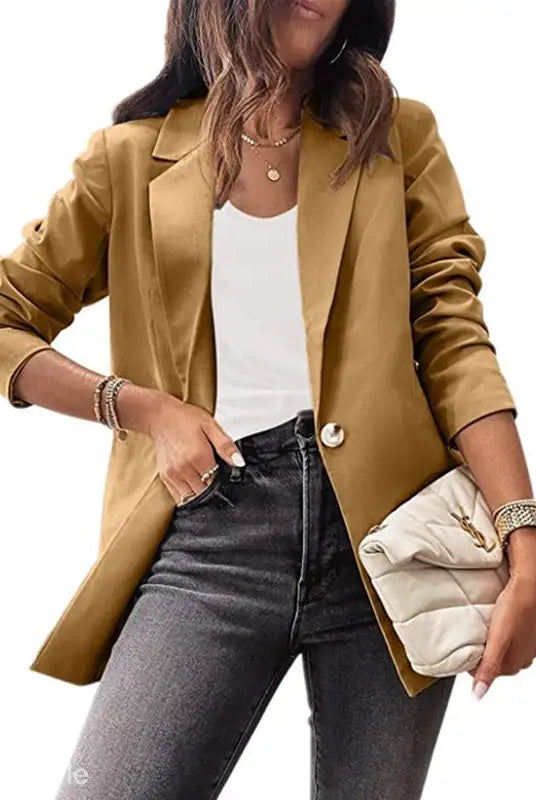 Woman wearing a purplish blue slim fit jacket for office in Spring/Fall Collection