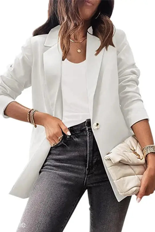 Woman wearing a purplish blue slim fit jacket for office in Spring/Fall Collection