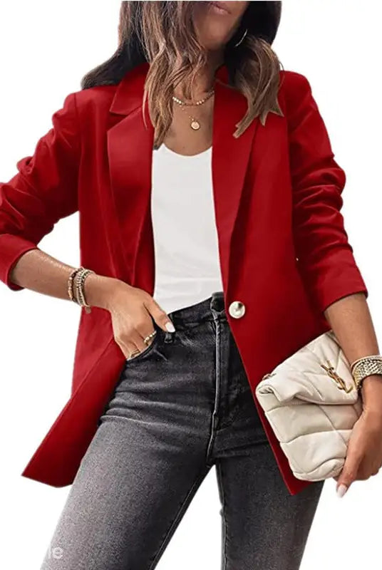 Purplish Blue Slim Fit Jacket for Office in stylish red blazer outfit, perfect for Spring/Fall