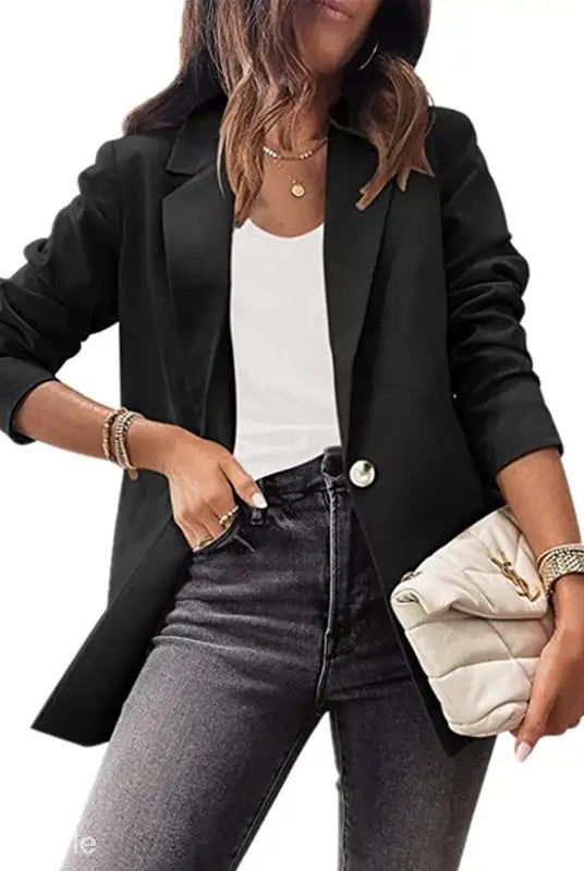 Woman in a purplish blue slim fit jacket suitable for office wear in Spring/Fall Collection